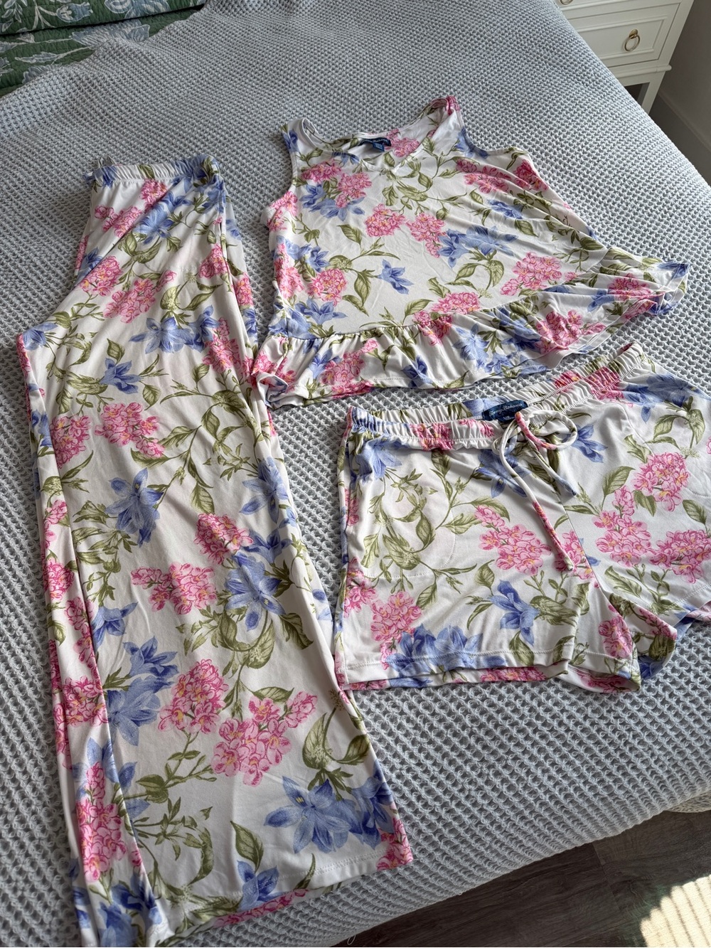 Tommy Bahama Cream Floral 3-Piece Pajama Set with Pink & Blue Blooms